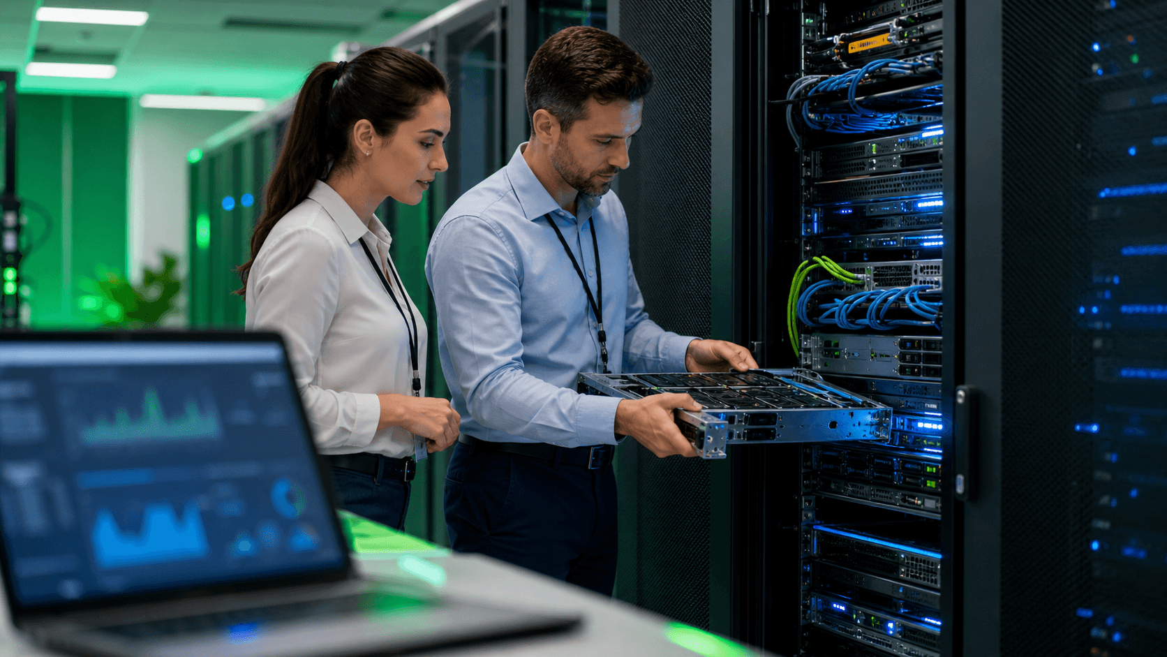 Glowing NVMe SSD chip on a server rack motherboard, blue neon lighting with fast data lines streaking across.